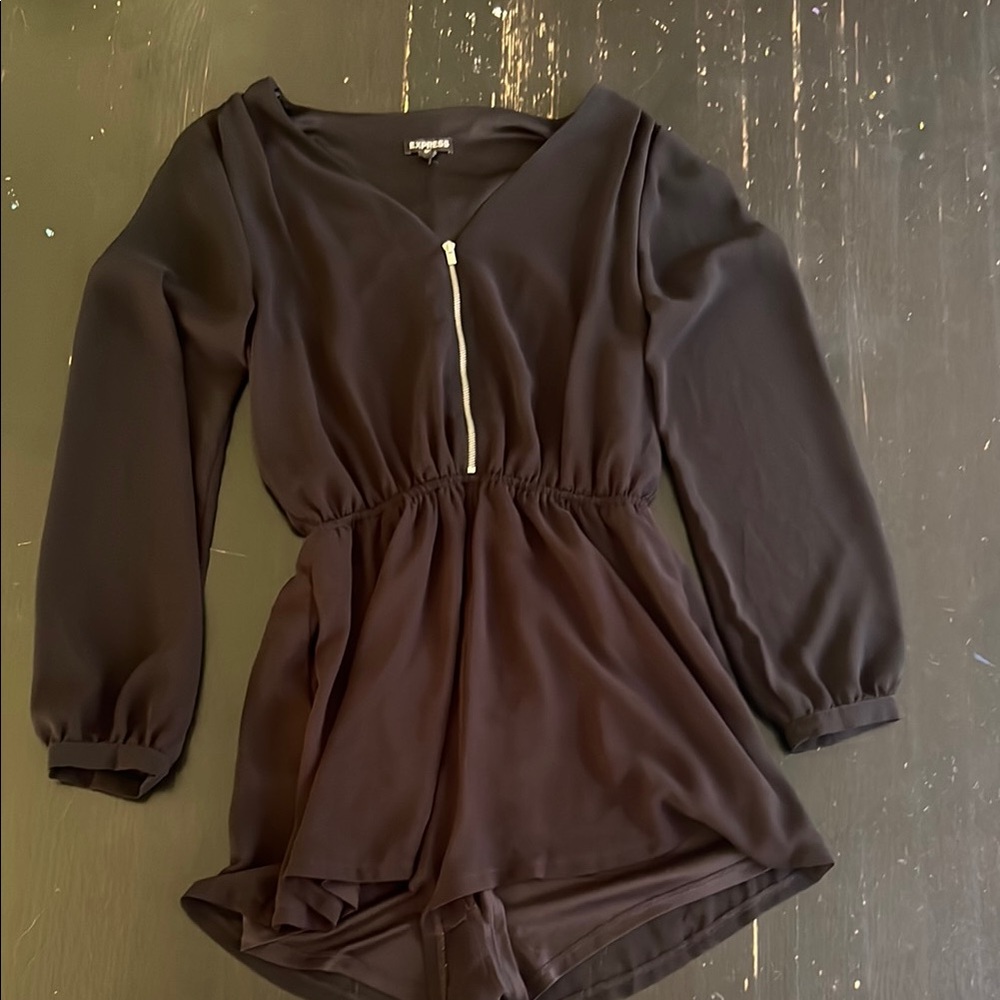 Express Black Long Sleeve Romper with Front Zipper